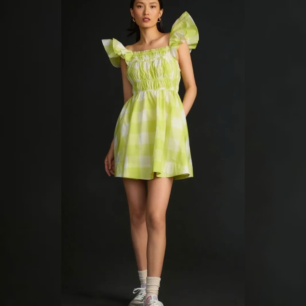 Maeve Anthropologie Square Neck Shirred Flutter Sleeve Dress NWT